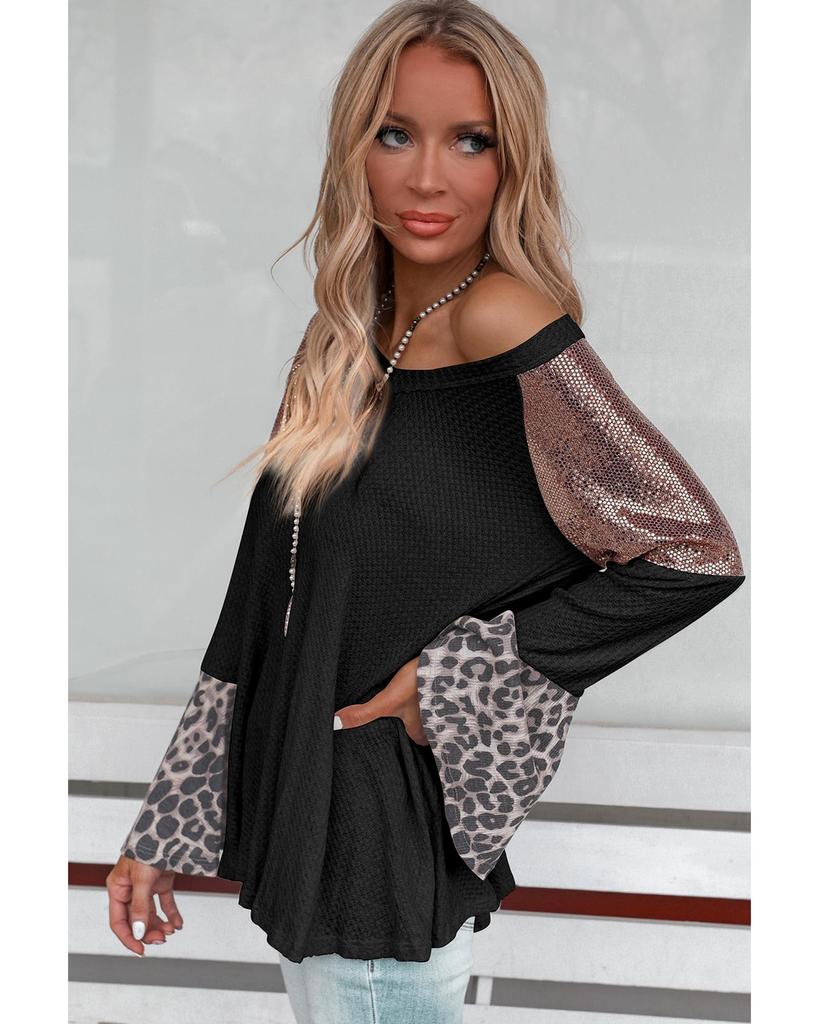 Azura Exchange Черный топ-туника с V-образным вырезом и рукавами-колокольчиками, украшенный пайетками в стиле пэчворк