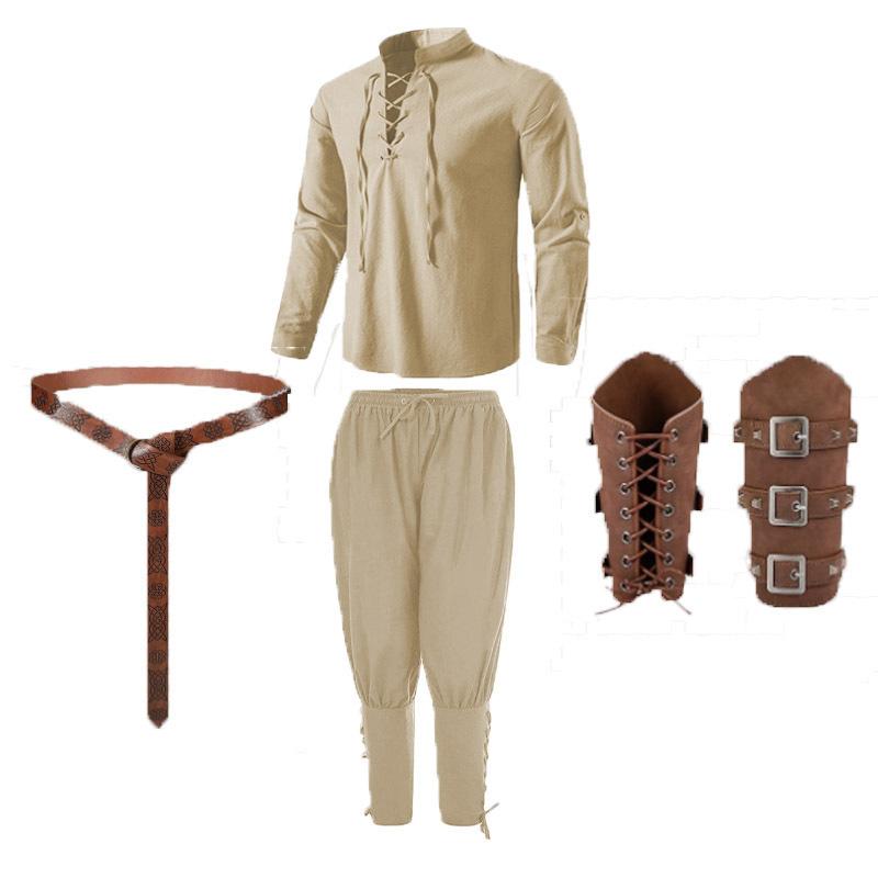Men's Renaissance Costume Set Medieval Vintage Costume Pirate Shirt And Pants Viking Belt And Accessories Halloween Costume
