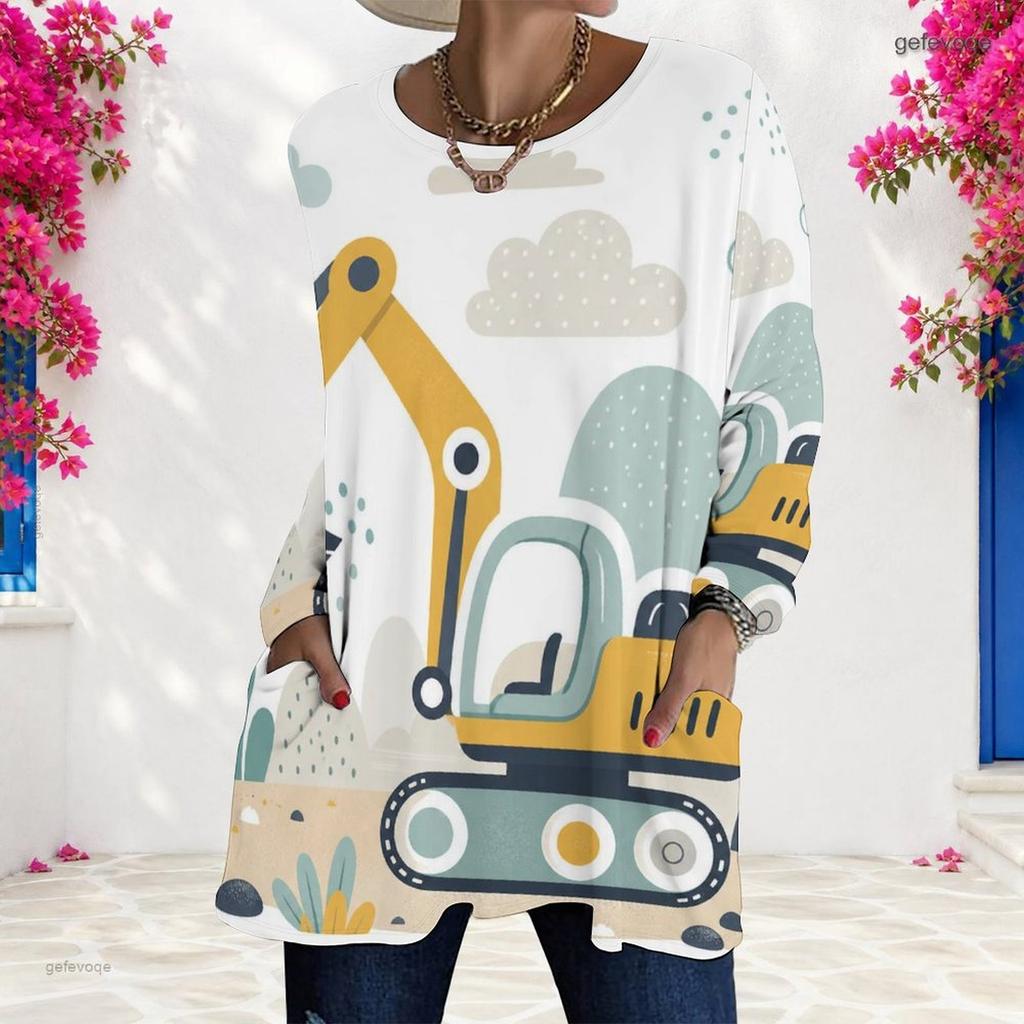 Women Plus Size Round Neck Long Sleeve Cartoon Excavator Printed Loose Longline T Shirt With Pockets