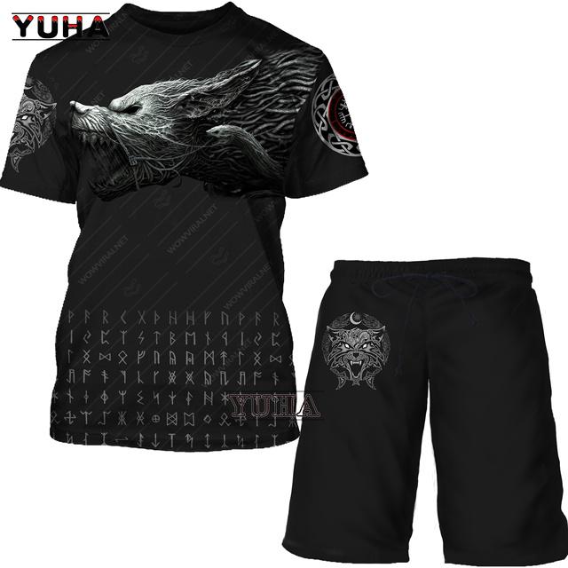 Летний мужской костюм большого размера, мужская футболка с 3D принтом викингов и мужской спортивный костюм, футболка, шорты, повседневная спортивная одежда, весна