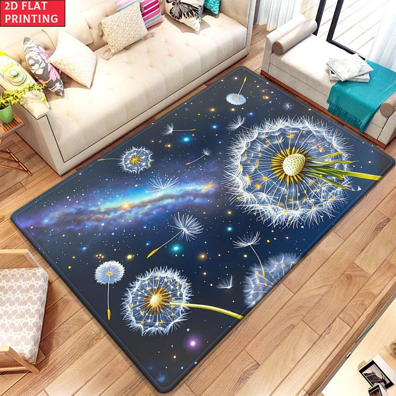 Dandelion Galaxy Area Rug, Night Sky Starry Flower Carpet for Living Room, Non-slip Nature Floor Mat for Bedroom Home Decor