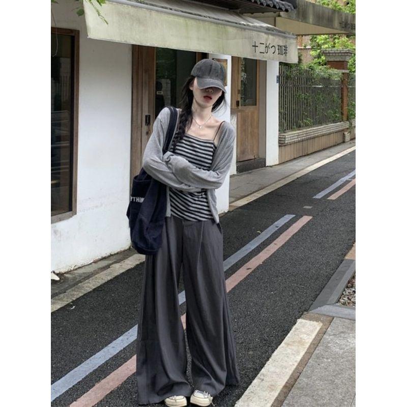 Plus-Size Lazy Style Outfit for Summer: New Gray Striped Tank Top, Cardigan, and Casual Wide-Leg Pants