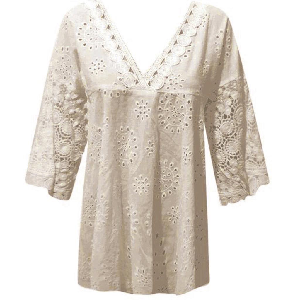 Women Half Sleeve Cotton Linen Hollow Out Lace Patchwork T-Shirt Blouse Tops