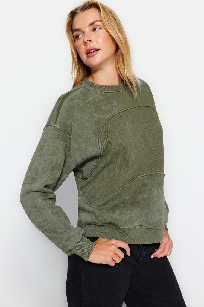 Женский модный стильный свитшот цвета хаки, с эффектом античного выцветания, толстый флис внутри, широкий трикотаж большого размера