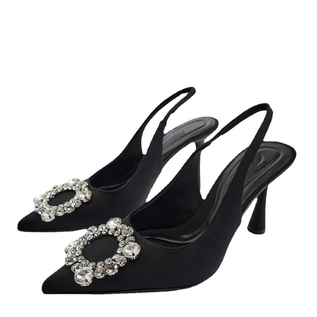 Новые летние женские туфли-лодочки на высоком каблуке с открытой пяткой и кристаллами, черные босоножки на каблуке с острым носком и стразами, вечерние свадебные туфли на каблуке