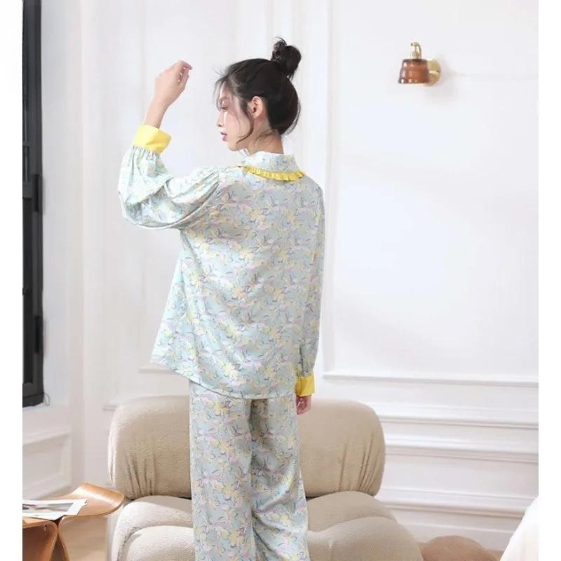 Весна и осень, новые пижамы из ледяного шелка, женские, высококачественные, тонкие, искусственный шелк, с длинными рукавами, с принтом, домашняя одежда, костюм с лацканами