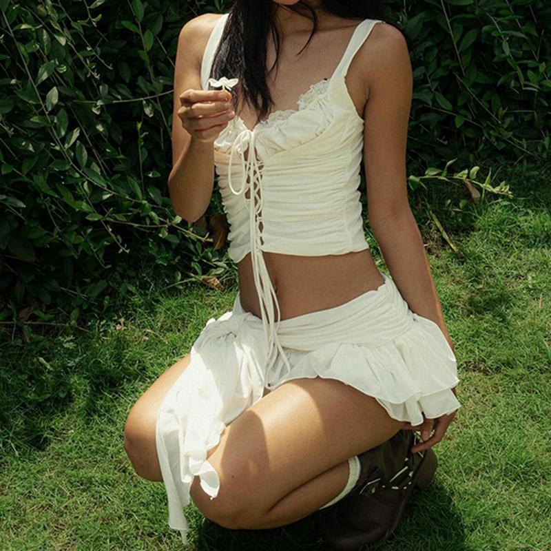 Женский кружевной лоскутный плиссированный жилет с заниженной талией, двухслойная юбка с оборками, комплект из двух предметов