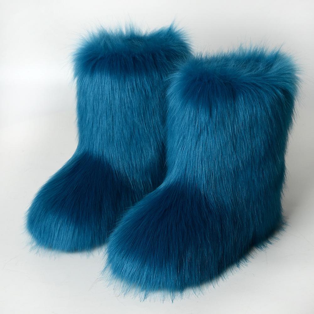 Women Faux Fur Boots Winter Fluffy Plush Warm Mid Calf Snow Boots Luxury Fashion Furry Boots Comfortable Outdoor Flat Shoes