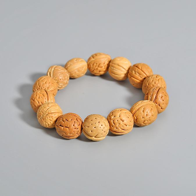 Natural Peach Pit Brain Pattern Handmade Round Bead Bracelet
