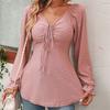 Women's Clothing Long Sleeve Girdle Drawstring Solid Color T-shirt V-neck