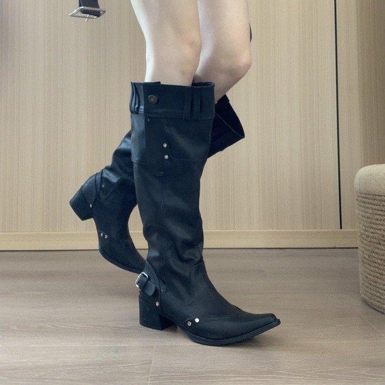 Но женские ботфорты 2025 осень и зима хаки замшевые остроносые сапоги детские толстый каблук тонкие плиссированные сапоги-гармошка