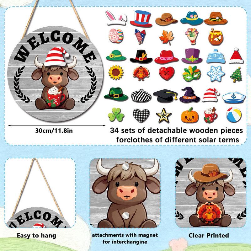 Wooden Interchangeable Upland Cow Welcome Sign with 35 Detachable Accessories Rustic Seasonal Home Decor Hanging