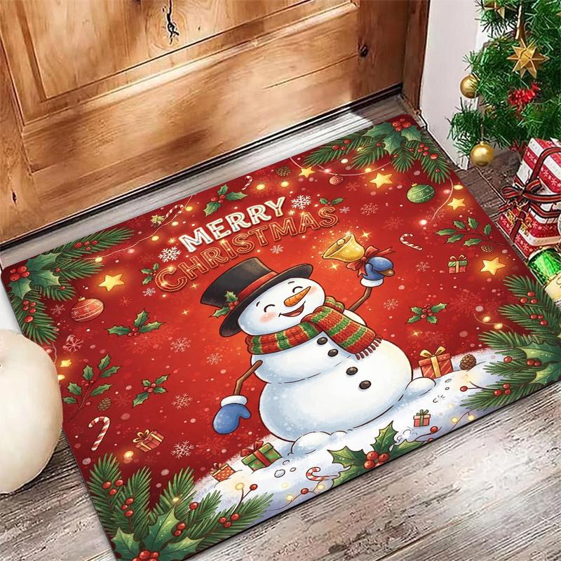 Merry Christmas Snowman Bell Red Warm Glow Star Candy Cane Print Non Slip Soft Rug For Season Home Entrance Decoration