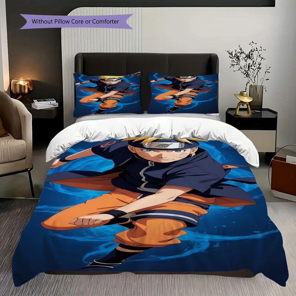 Three-piece Naruto anime print bedding set, including one duvet cover and one pair of pillowcases (filling not included).