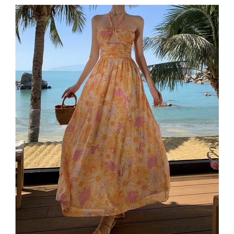 Ladies Summer Seaside Holiday Printed Chiffon Backless Halter Dresses