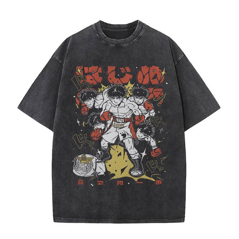 Anime Hajime No Ippo Kamogawa Boxing Gym Washed Tshirts Makunouchi Takamura KGB T Shirts Mens Clothing Casual Cotton Tshirt