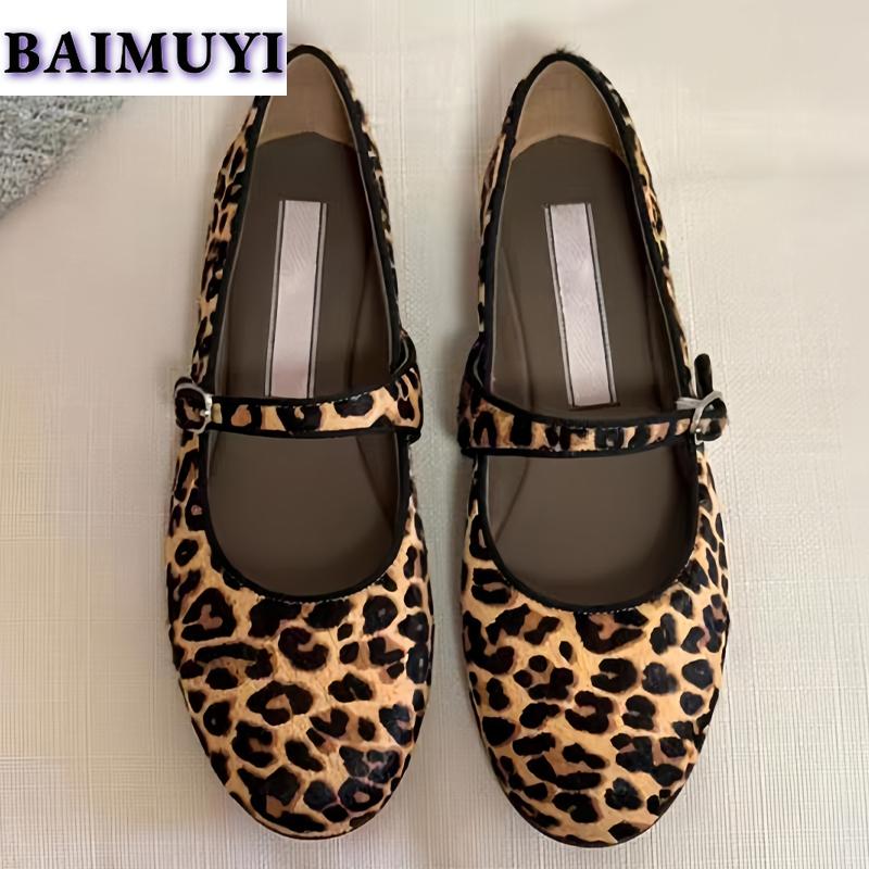 Leopard Flats Women Mary Janes Shoes 2025 Trend Winter New Lolita Shallow Shoes Designer Dress Prom Elegant Mujer Zapatillas