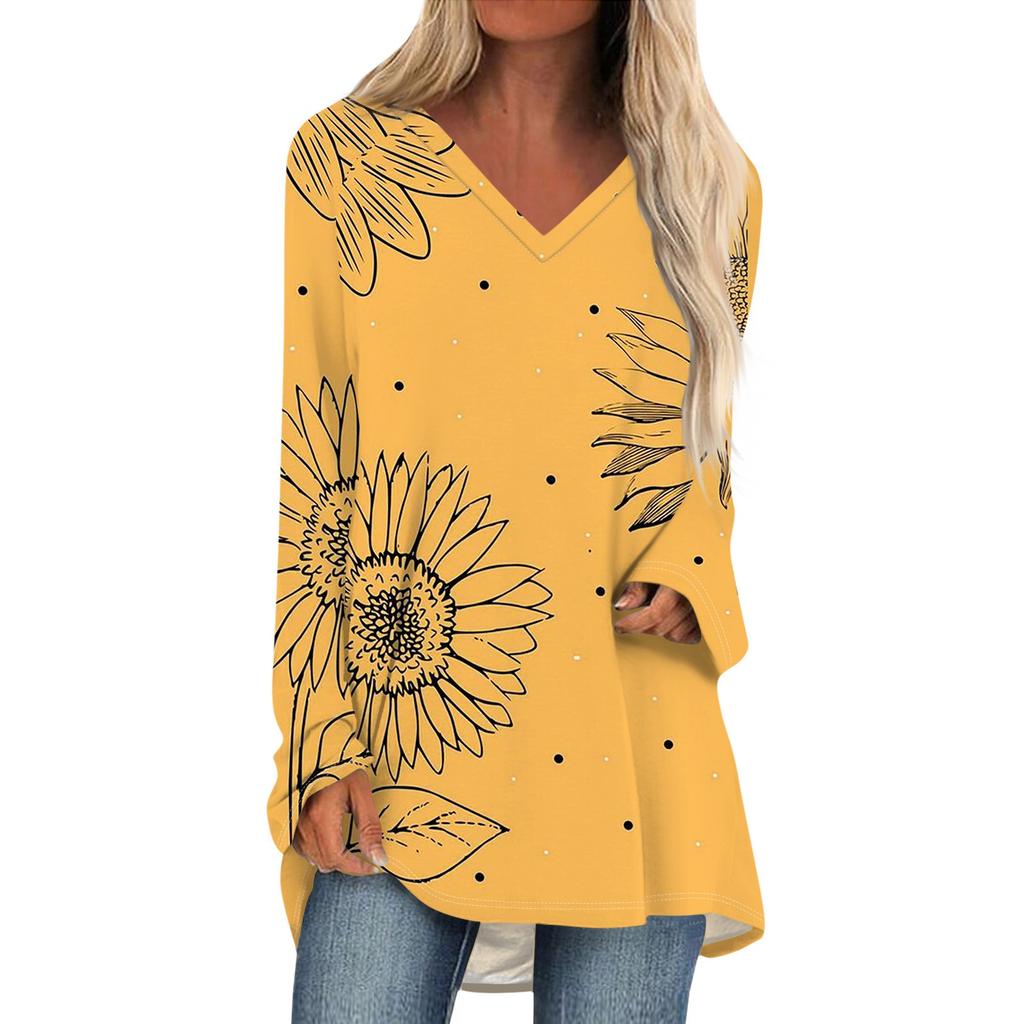 Женская и зимняя футболка с длинными рукавами и V-образным вырезом с принтом, повседневная, длинная, свободная