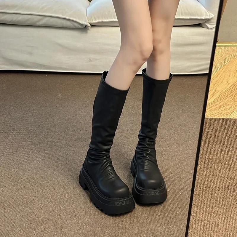 Мода Новые женские сапоги на платформе до колена Модные длинные сапоги с застежкой-молнией сзади Рыцарь Осенне-зимние женские туфли на толстом каблуке