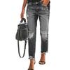 Women Denim Pants with Pockets Ripped Holes Buttons Zippered Placket Slim-Cut Long