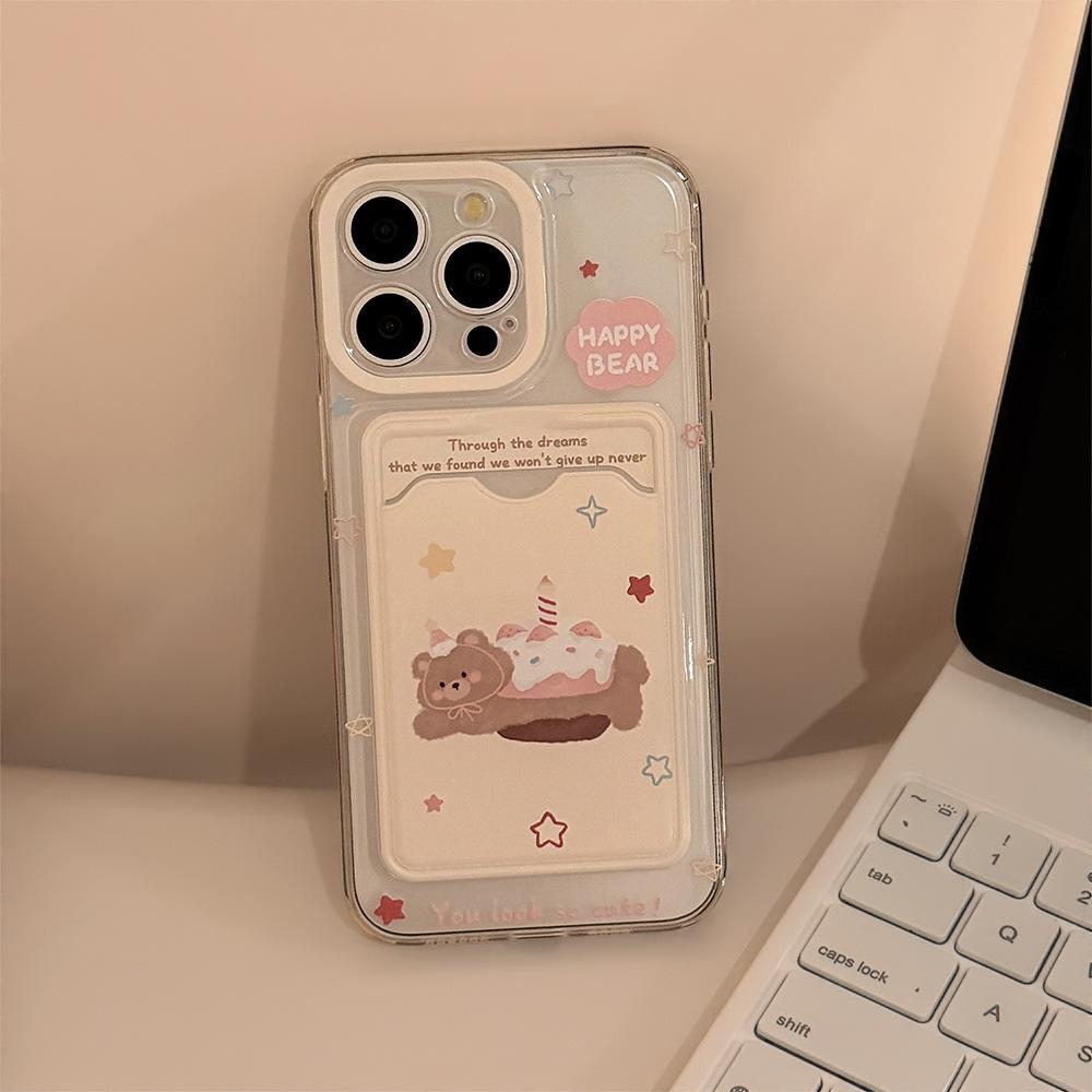 Korean Style Bear Cake Card Bag Suitable for Apple 15promax Mobile Phone Case IPhone 14 Transparent Full Package