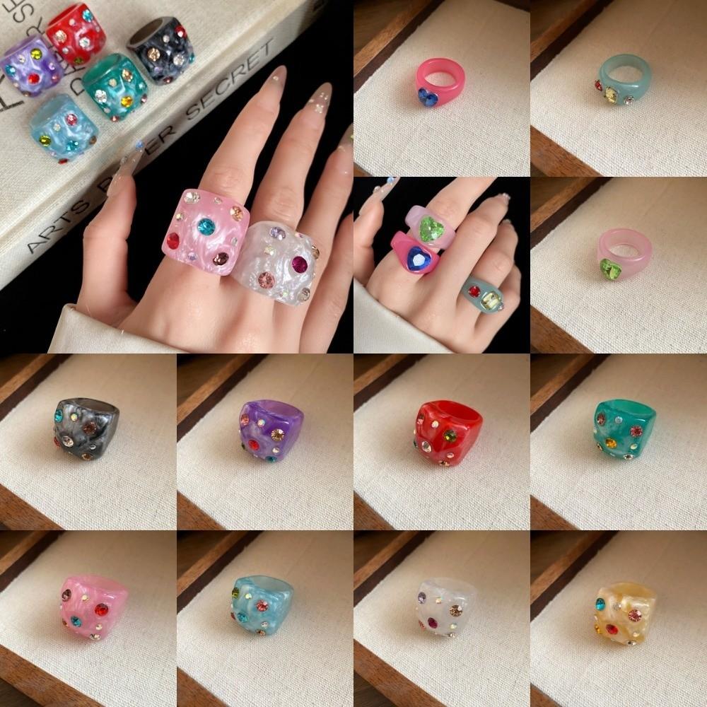 Exaggerated Resin Rhinestone Ring Korean Style Big Dome Plain Ring Ins Sweet Geometric Ring Girls