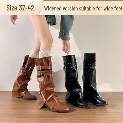 Женские высокие сапоги большого размера в стиле вестерн, отстегивающиеся, цвета мерло