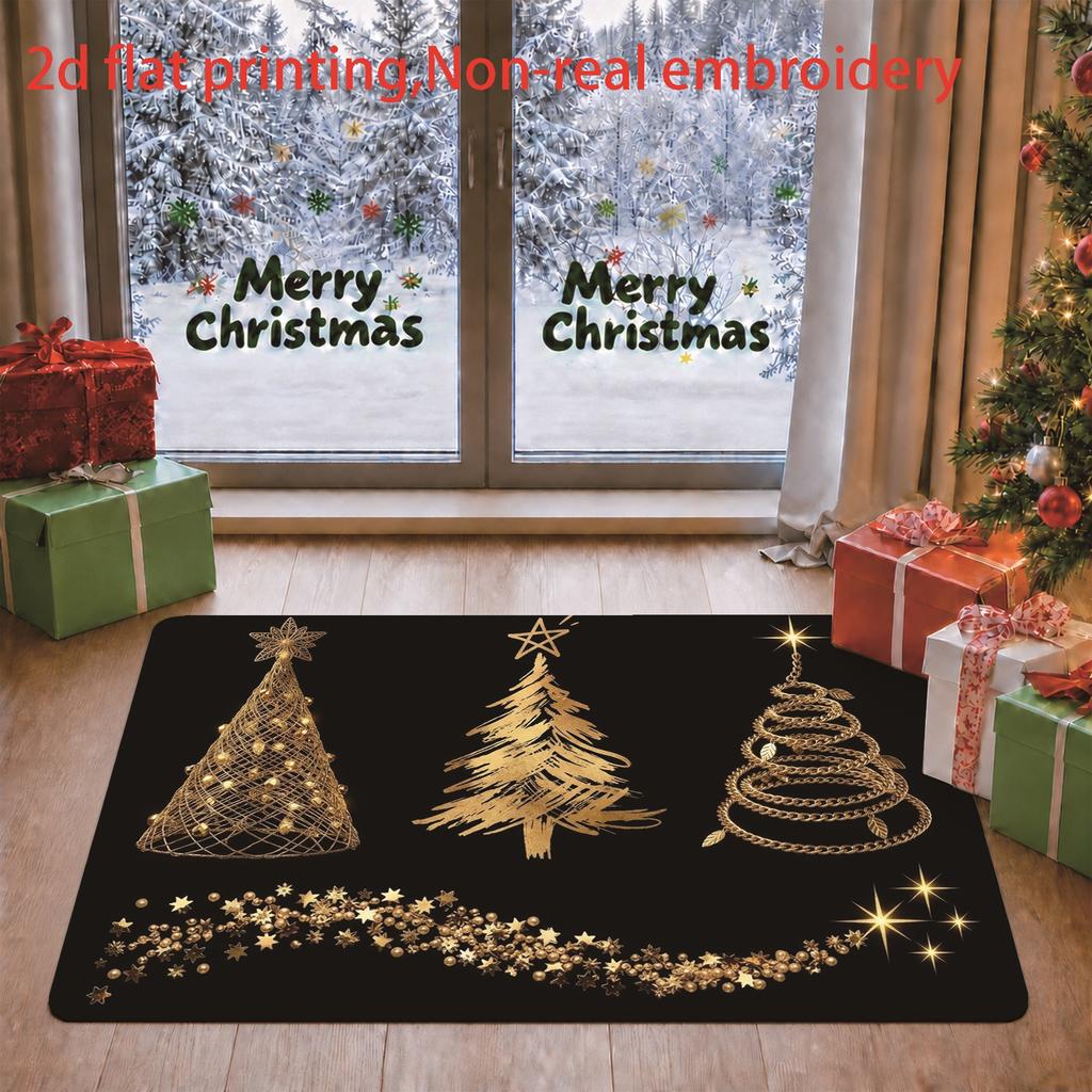 1pc, 2D Flat Printing, Golden Christmas Tree Merry Christmas Holiday Home Living Room Mat, Colorful And Non-Slip, Machine Washable Carpet, Suitable fo