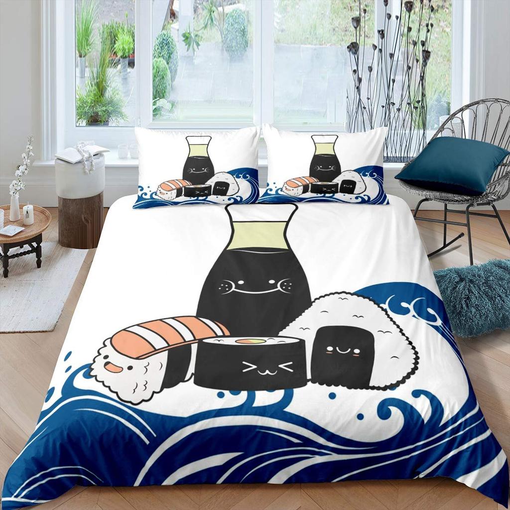 Japanese Sushi King Queen Duvet Cover Little Cat Bedding Set Novelty Cartoon Pet Animal Japan Food White Polyester Quilt Cover