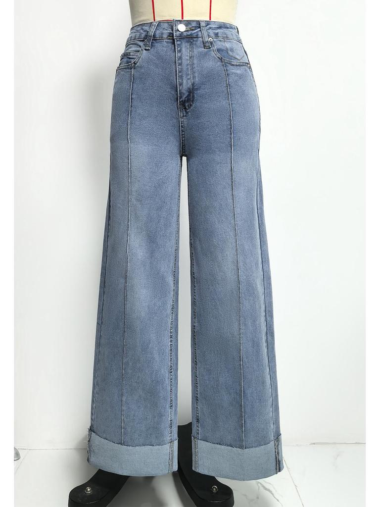 2026 Spring Women's High-Waisted Retro Wide-Leg Jeans with Center Seam Cuffs