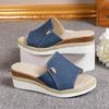 Summer New Large Women's Shoes Canvas Slippers with Slope Heels and Hemp Rope Thick Sole Denim Slippers