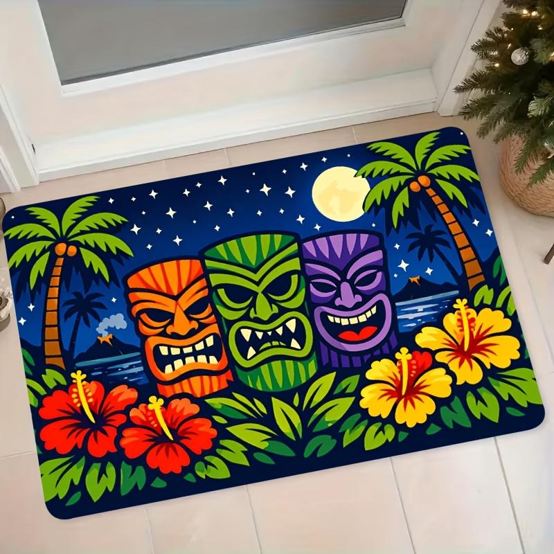 1pc Hawaiian Tiki Tropical Non-Slip Absorbent Flannel Suitable for Bedroom, Bathroom, Entryway - Machine Washable Floor Mat with Tiki Statues, Palm Tr