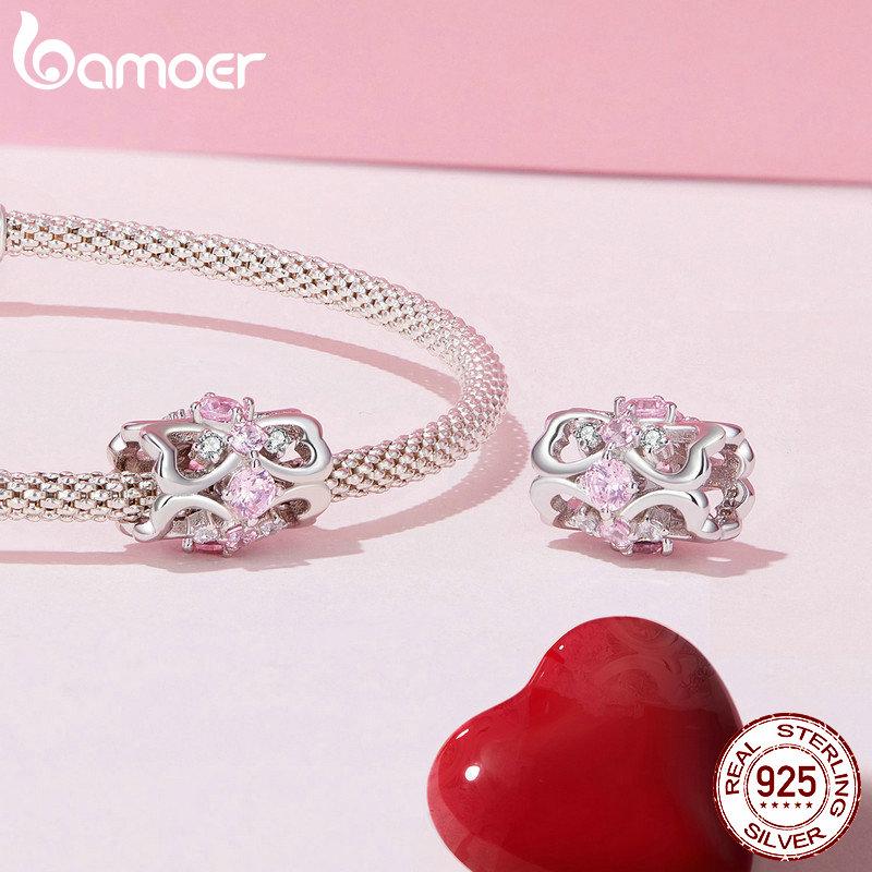 BAMOER стерлингового серебра 925 пробы розовое сердце бусины бабочка подвеска для женщин браслет и ожерелье DIY подарок на День благодарения ювелирные изделия