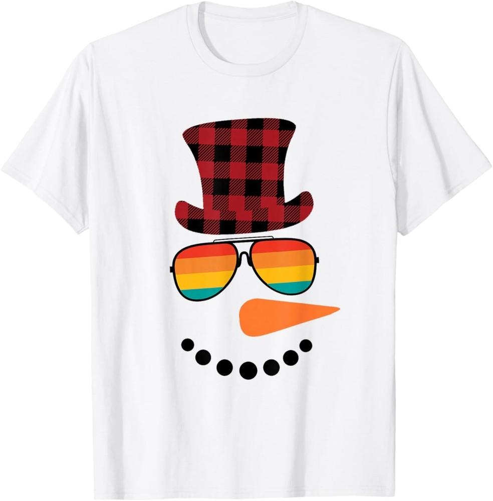 Plaid Hat Snowman Face Rainbow Sunglasses T-shirt