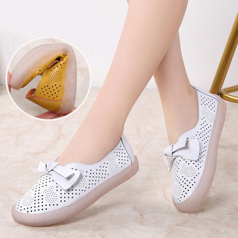 Весна/лето Женская повседневная обувь из искусственной кожи с вырезами Женские мокасины Дышащие туфли без застежек на плоской подошве с бантом Милые женские туфли
