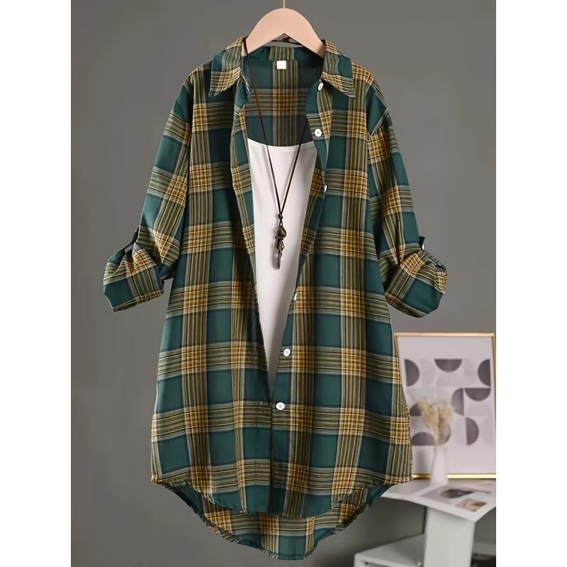 Льняные Блузки Женские Женская Рубашка на Пуговицах Китайский Стиль Женская Одежда Клетка Длинный Рукав Винтажный Топ Рубашки