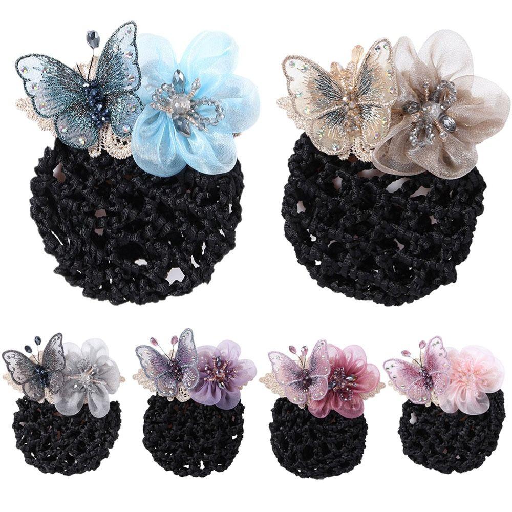 Butterfly Flower Elastic Hair Net Rhinestone Beads Decor Hair Bun Holder Hotel Staff Uniform