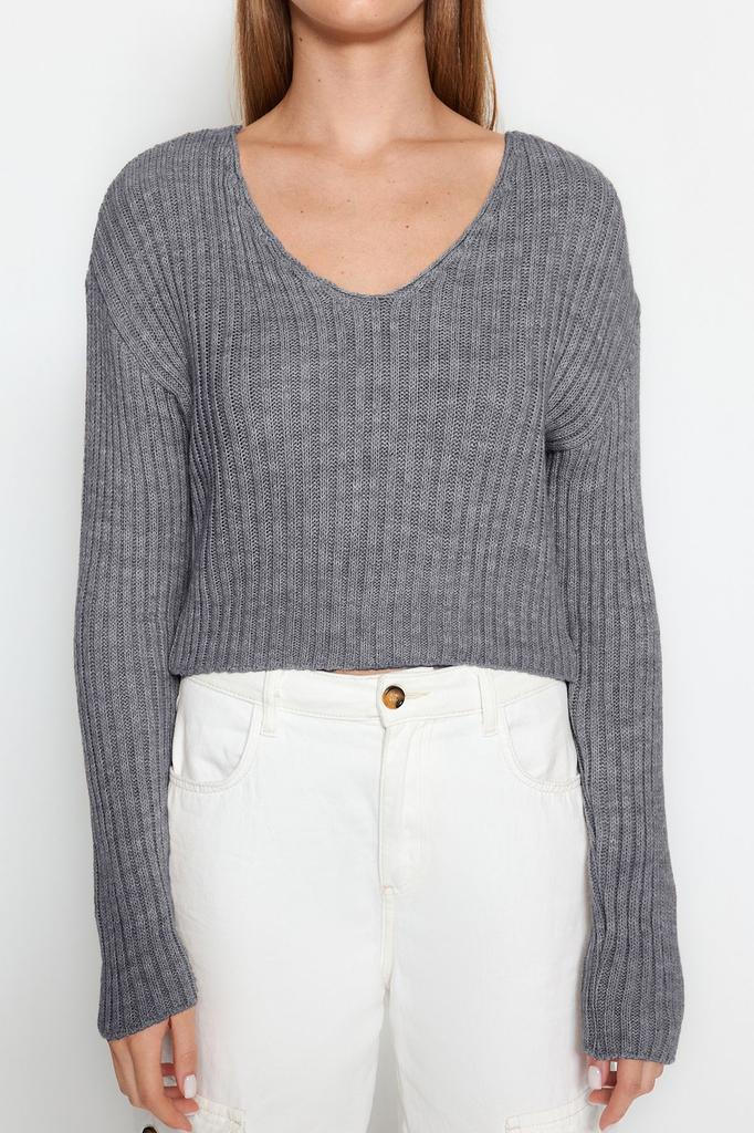 Женский элегантный свитер, оранжевый укороченный базовый трикотажный свитер с V-образным вырезом