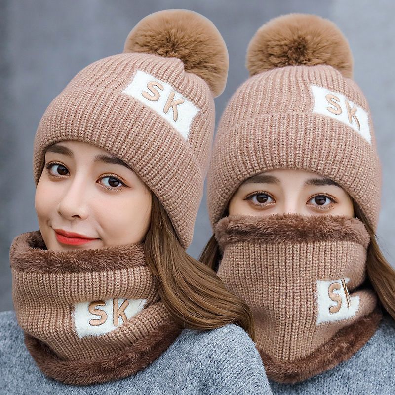 Winter Knitted Scarf Hat Set Thick Warm Skullies Beanies Hats for Women Solid Outdoor Snow Riding Ski Bonnet Caps Girl