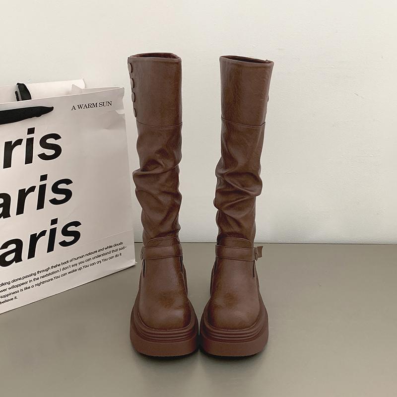 Мода Винтаж Коричневый Женщины Вестерн Ковбойские сапоги Мода Slip On Рыцарь Длинные Ботильоны Дамы Платформа Толстый Каблук Botas Mujer