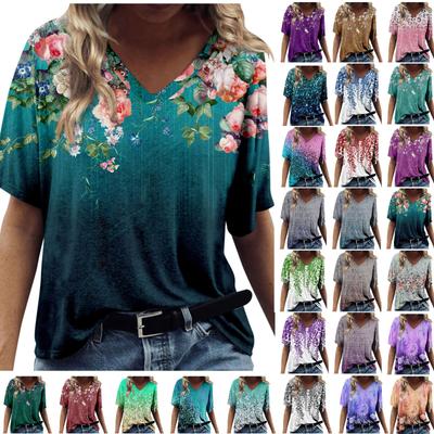 Женская модная повседневная футболка с v-образным вырезом и короткими рукавами с принтом