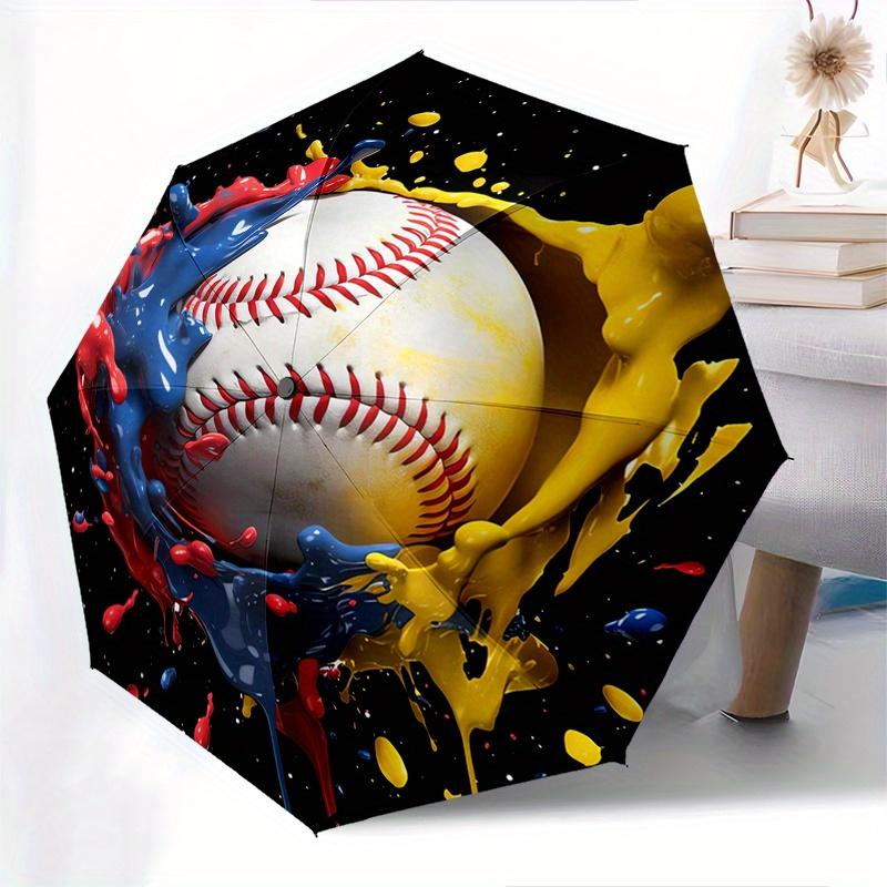 Baseball, Paint Splatter Automatic folding umbrella  simple eight rib design, bright color pattern, durable iron frame, ideal for travel and