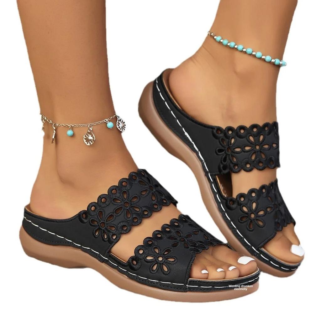 Women's Summer Sandals, Floral Cut-Out Design, Artificial Leather Slides, Casual Comfort Footwear, Non-Slip Sole