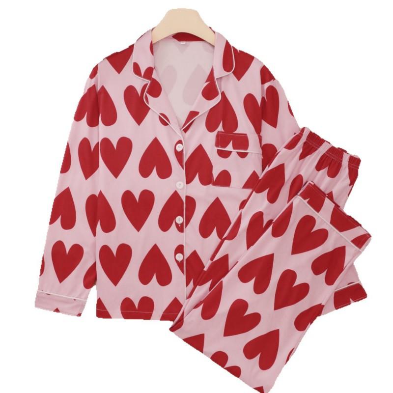 Womens Long Sleeve Pajama Set With Heart Print Hooded Cardigan Soft Sleepwear Home Lounge