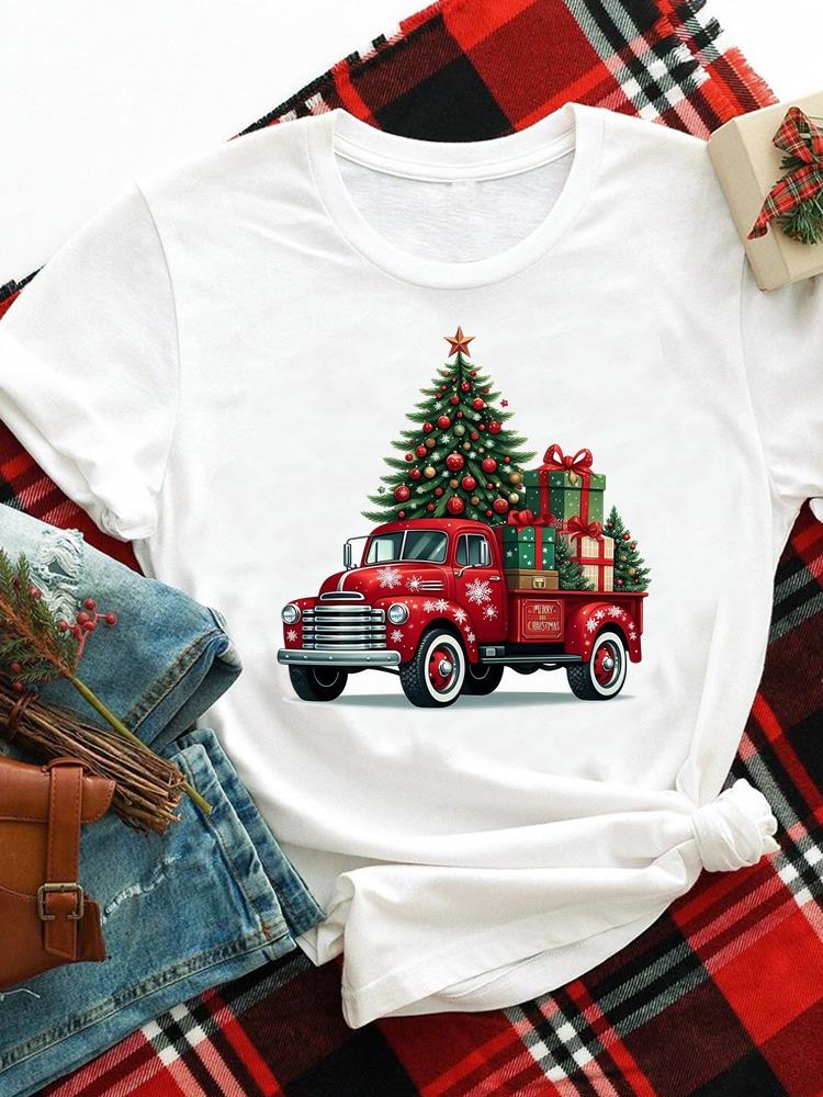 (Asian Size) Merry Christmas New Year O-neck Women's Top T Clothing Lovely Tree Trend 90s Print Short Sleeve T-shirts Fashion Holiday Graphic Tee