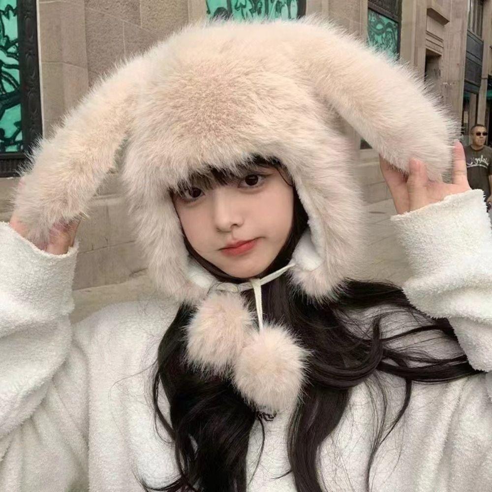 Korean Faux Fur Bucket Hat Fluffy Ear Protection Hat Winter Cute Rabbit Ear Hat Women
