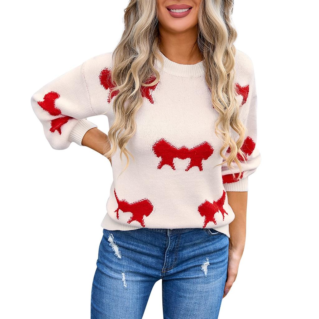 Women's Casual Fashion Comfortable Round Neck Pullover Bow Long Sleeve Street Trend Knitted Sweater