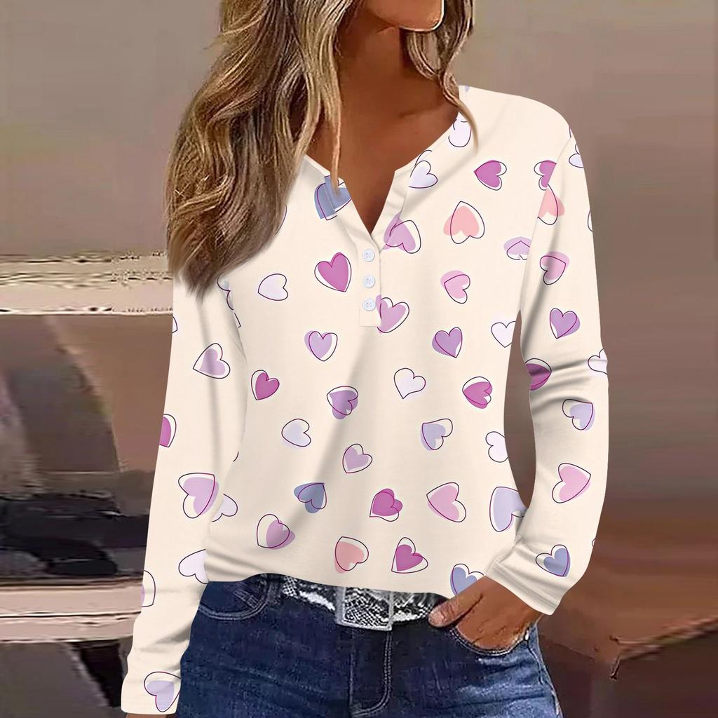 Женская футболка с принтом ко Дню святого Валентина, туника с длинным рукавом и пуговицами, повседневная мода на выходные, базовый топ с V-образным вырезом