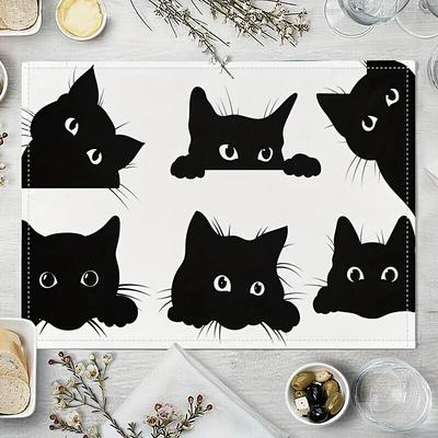 4 шт. Черная кошка Салфетка под тарелку Принт кошек Салфетки на обеденный стол Милый котенок Животное Моющаяся ткань Устойчивая к пятнам Складные коврики