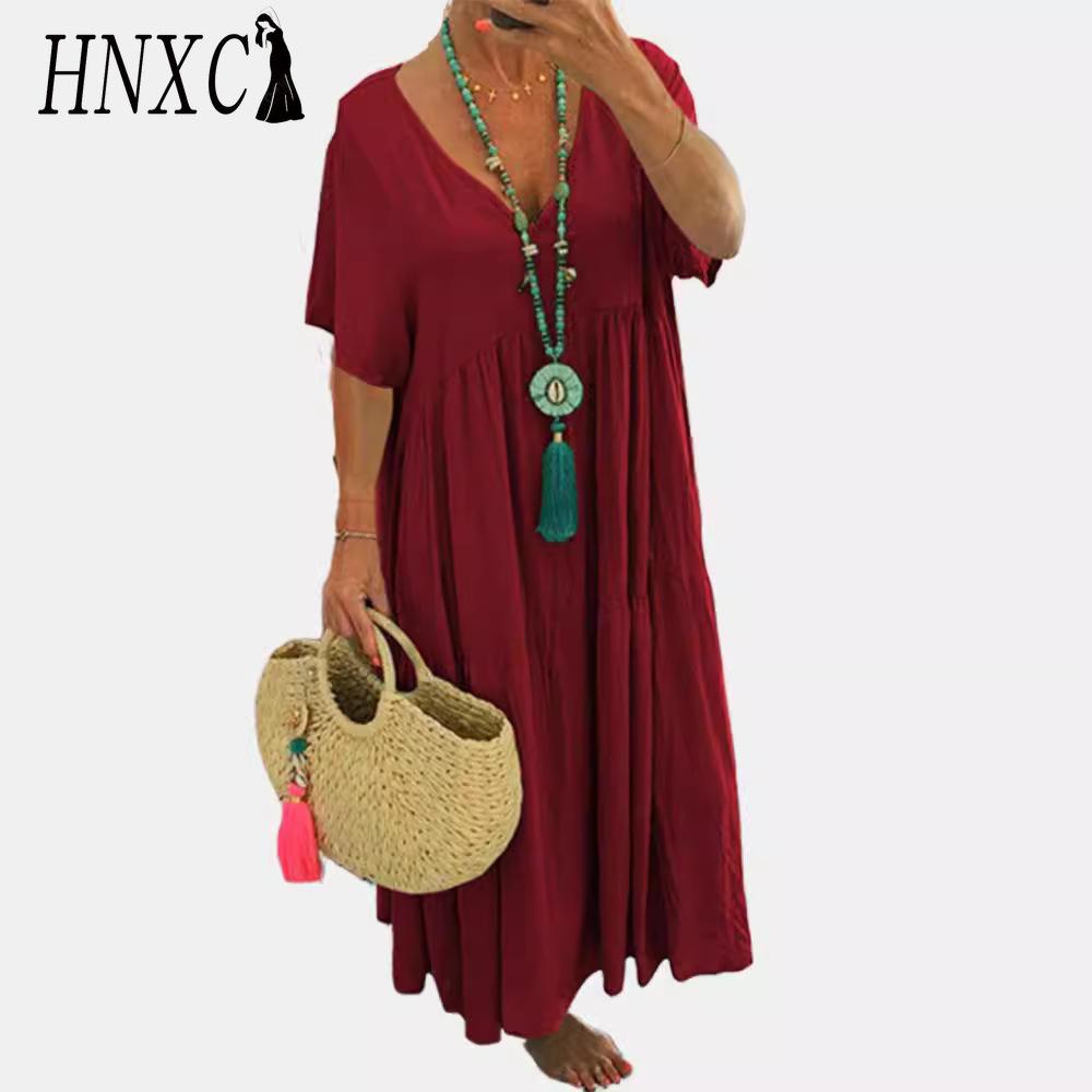HNXC Женские модные летние весенние однотонные повседневные платья с v-образным вырезом и короткими рукавами и высокой талией